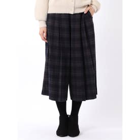 パンツ レディース ストレッチ 静電防止 ワイド ツータック キュロット ガウチョ バックシャーリング 起毛 チェック （紺）
