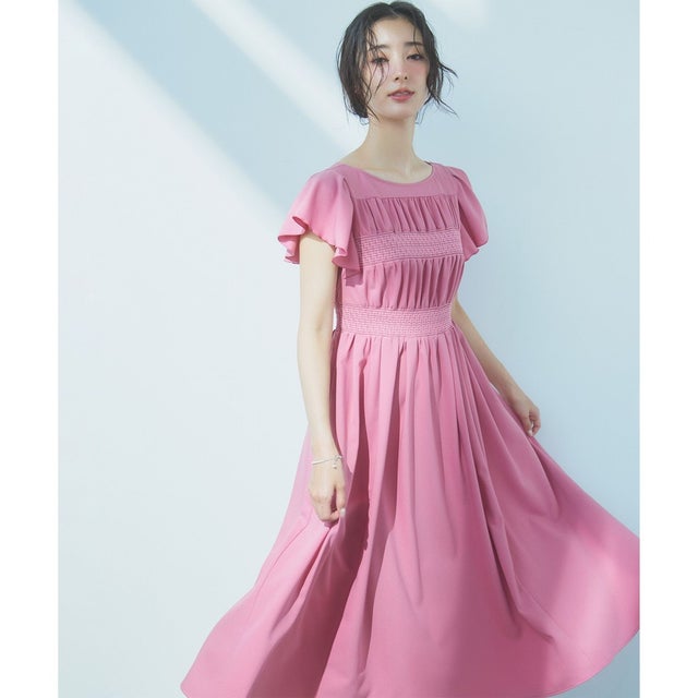 【洗える・接触冷感・UVカット・消臭】SMOCKING EMBROIDERY ドレス （ピンク系）