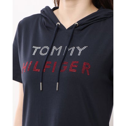 トミー ヒルフィガー TOMMY HILFIGER ☆ネイビーxラインストーンロゴ半袖フード付きTシャツワンピース （ネイビー）｜詳細画像