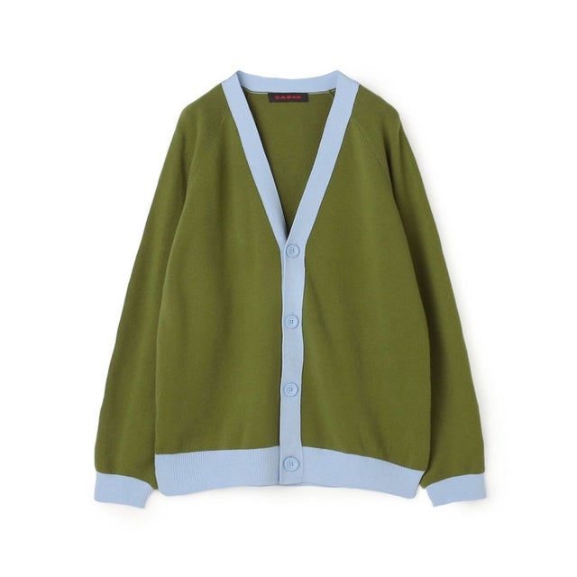 コットンカシミヤ バイカラーVネックカーディガン （54 グリーン×ブルー）