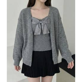 【Jasmine】リボンニットキャミロングカーデセット （グレー）