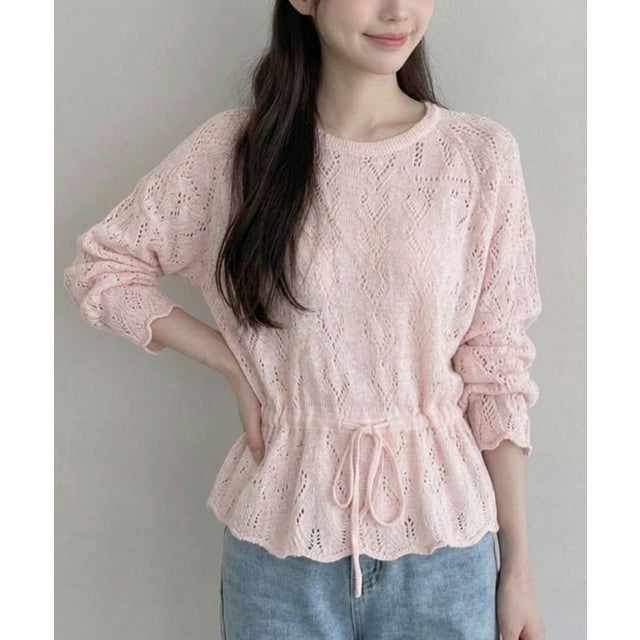 【Jasmine】ハート透かし編みウエストシャーリングニット （ピンク）