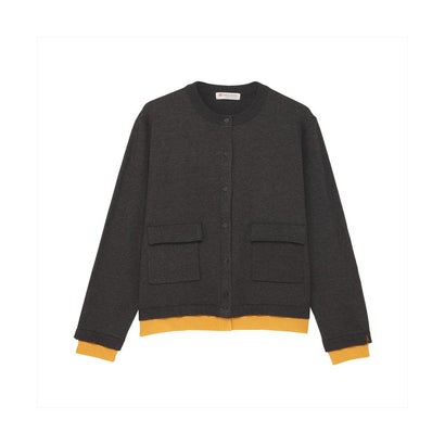 トーキョーシャツ TOKYO SHIRTS ニット もちもち フェイクレイヤード カーディガン レディース （ダークグレー×イエロー）｜詳細画像