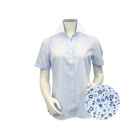 形態安定 スキッパー衿 半袖 レディースシャツ （ブルー）