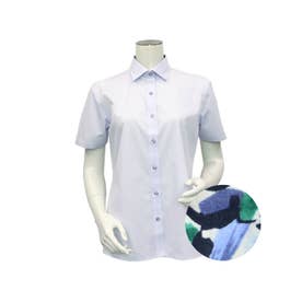形態安定 ワイド衿 半袖 レディースシャツ （サックス）