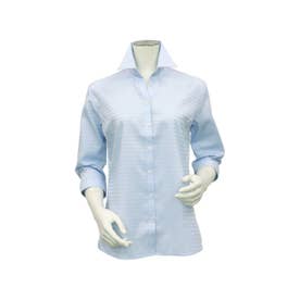 形態安定 スキッパー衿 綿100% 七分袖 レディースシャツ （ブルー）