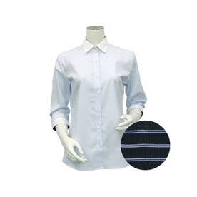 形態安定 ワイド衿 綿100% 七分袖 レディースシャツ （サックスブルー）