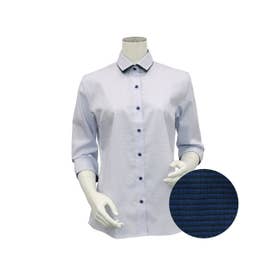 形態安定 ワイド衿 綿100% 七分袖 レディースシャツ （ブルー）