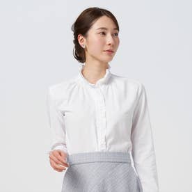 【デザイン】 スタンドゴムシャーリング 長袖 形態安定 レディースシャツ （ホワイト）