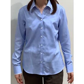 形態安定 スキッパー衿 長袖 レディースシャツ （ブルー）