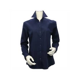 形態安定 スキッパー衿 綿100% 長袖レディースシャツ （ネイビー）