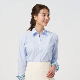 形態安定 スキッパー衿 長袖 レディースシャツ （ブルー）