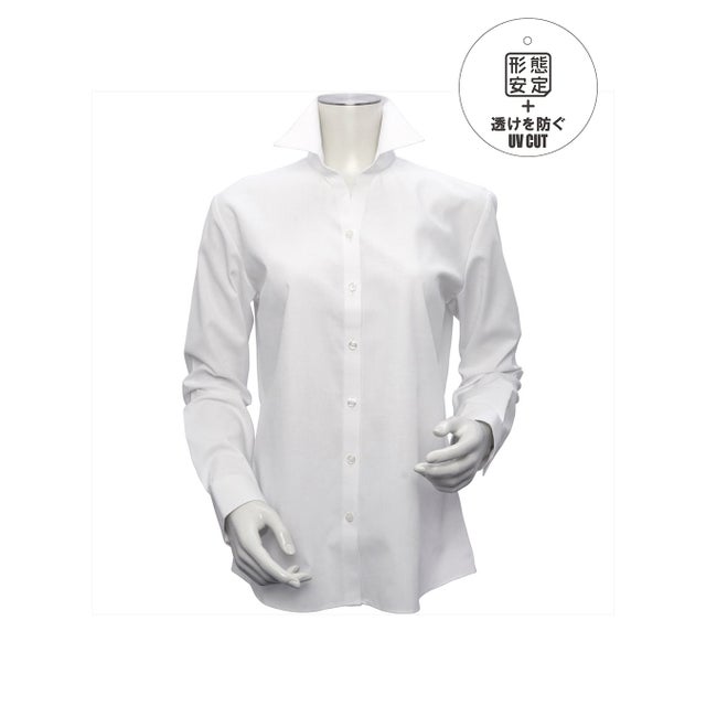 
                    【透け防止】 形態安定 スキッパーカラー 長袖レディースシャツ （ホワイト）