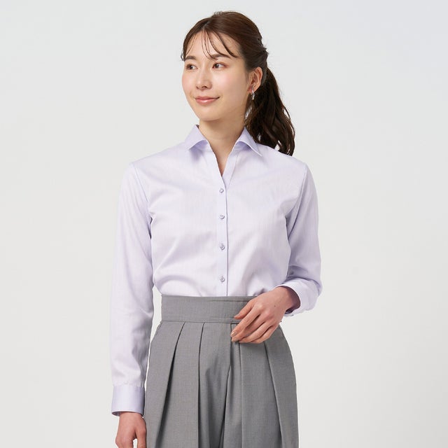 
                    【超形態安定】 スキッパー衿 綿100% 長袖レディースシャツ （パープル）