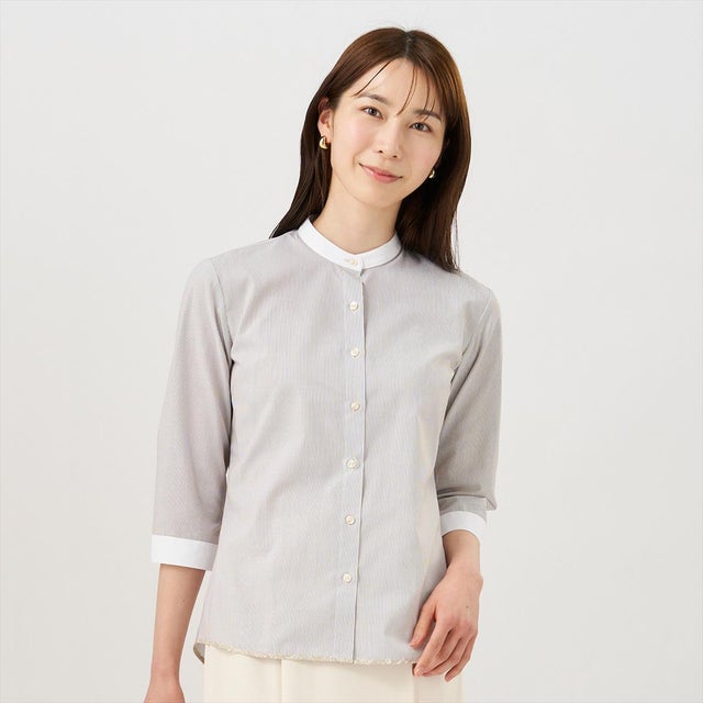 
                    【裾パイピング】 形態安定 スタンド衿 七分袖レディースシャツ （ブラウン）