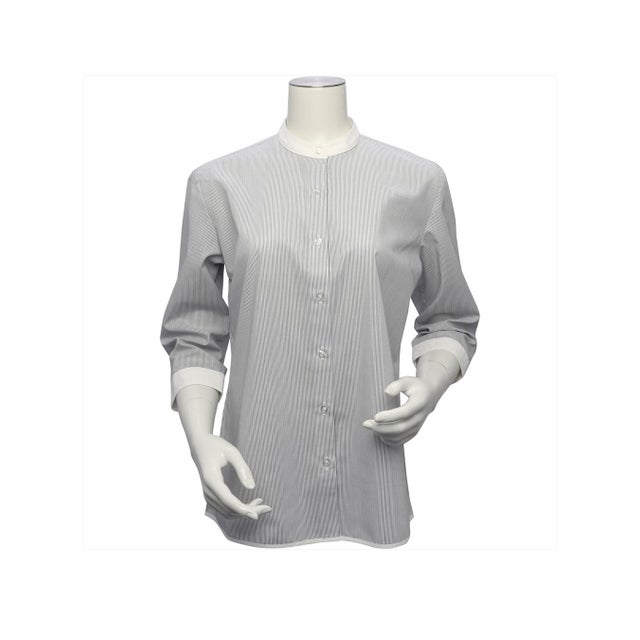 
                    【裾パイピング】 形態安定 スタンド衿 七分袖レディースシャツ （グレー）