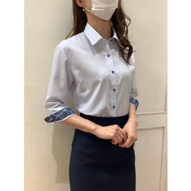 【裾パイピング】 形態安定 レギュラー衿 七分袖レディースシャツ （サックス）