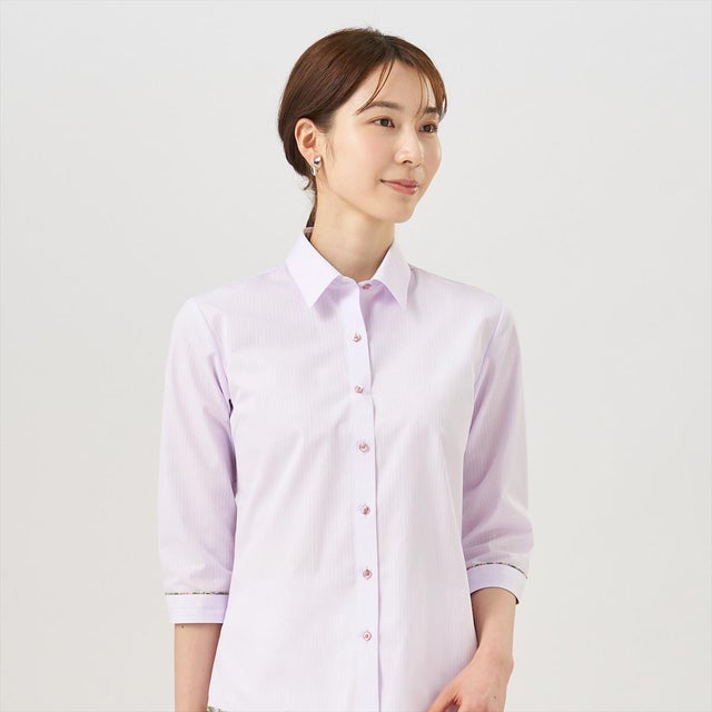 
                    【裾パイピング】 形態安定 レギュラー衿 七分袖レディースシャツ （パープル）