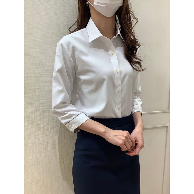 
                    【透け防止・裾パイピング】 形態安定 ワイド衿 七分袖レディースシャツ （ホワイト）