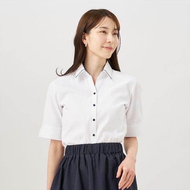 
                    【透け防止】 形態安定 スキッパー衿 五分袖 レディースシャツ （ホワイト）