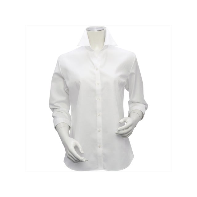 
                    【超形態安定】 スキッパー衿 綿100% 七分袖 レディースシャツ （ホワイト）