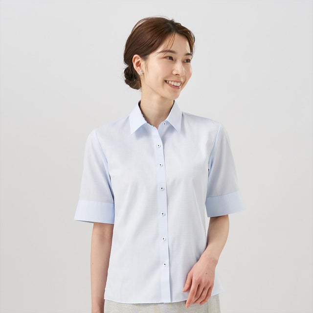 
                    形態安定 レギュラー衿 五分袖 レディースシャツ （サックス）