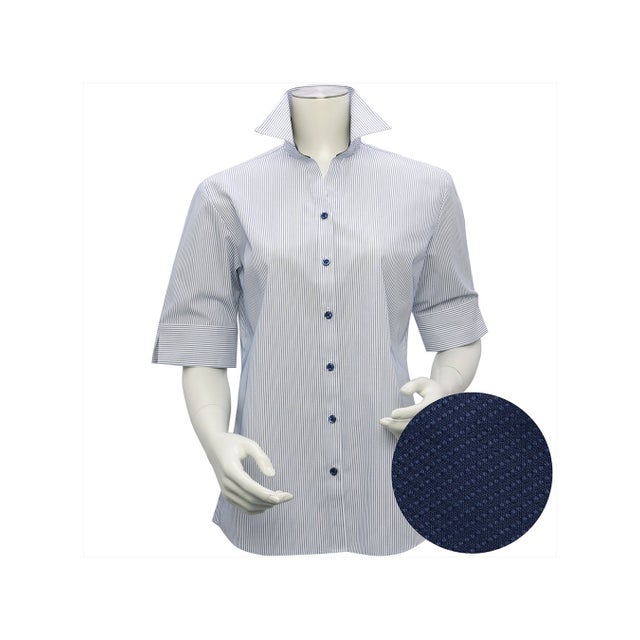 
                    形態安定 スキッパー衿 五分袖 レディースシャツ （ブルー）
