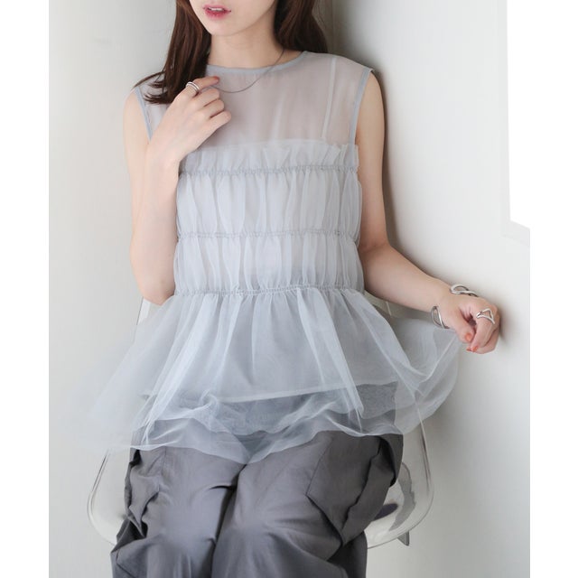 【MAISON BREEZE】オーガンジー×チュール シャーリング ノースリーブ プルオーバー トップス チュニック ミドル丈 オフィス オケージョン DTK （グレー）