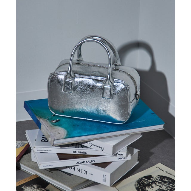 square mini  boston bag PUレザースクエアミニボストン ショルダー付き （シルバー）