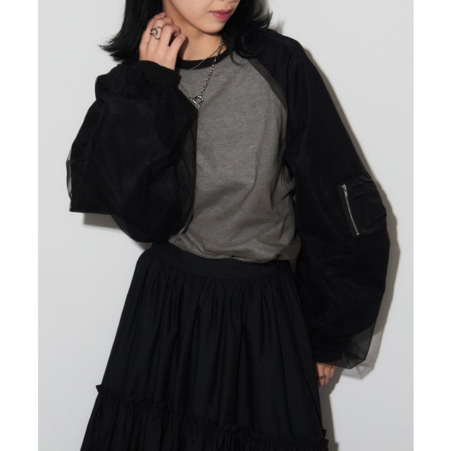 Tulle layered MA-1sleeve pullover trc （杢グレー）