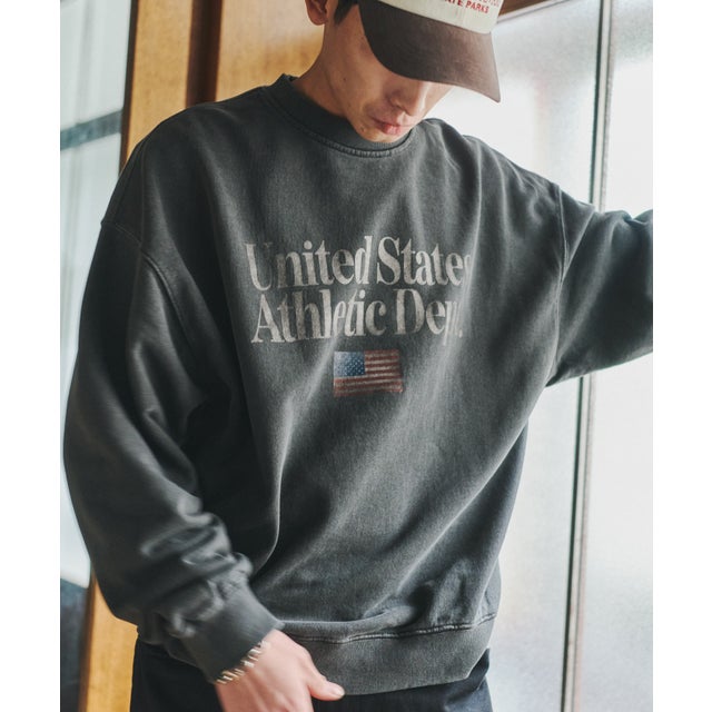 Vintage Wash Athletic Graphic Sweatshirt / ヴィンテージウォッシュ アスレチック グラフィック スウェットシャツ 【韓国デザイン】 NEO （チャコールグレー）