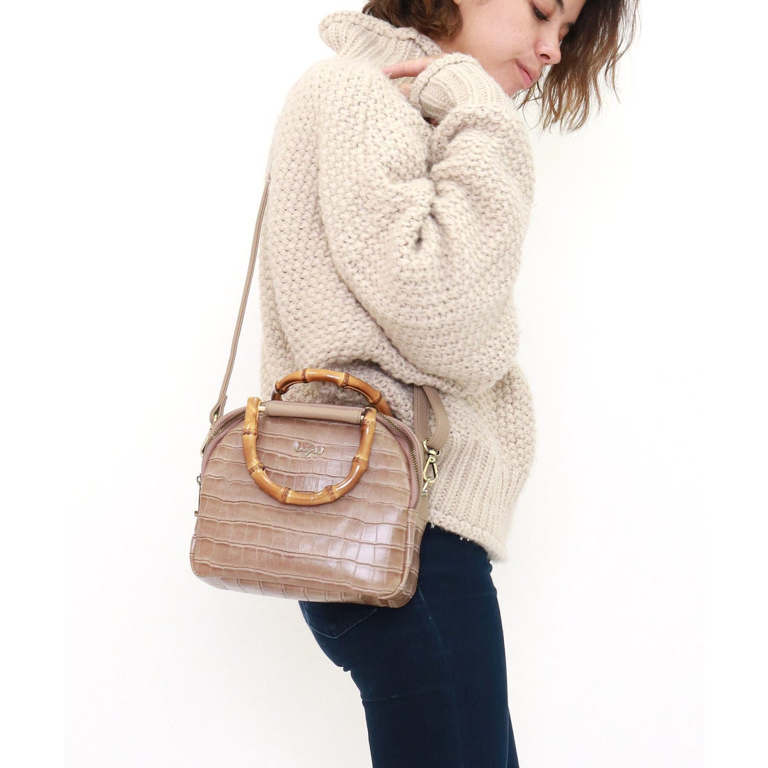 アングリッド Ungrid クロコ風型押しバンブーハンドバッグ （BEIGE 