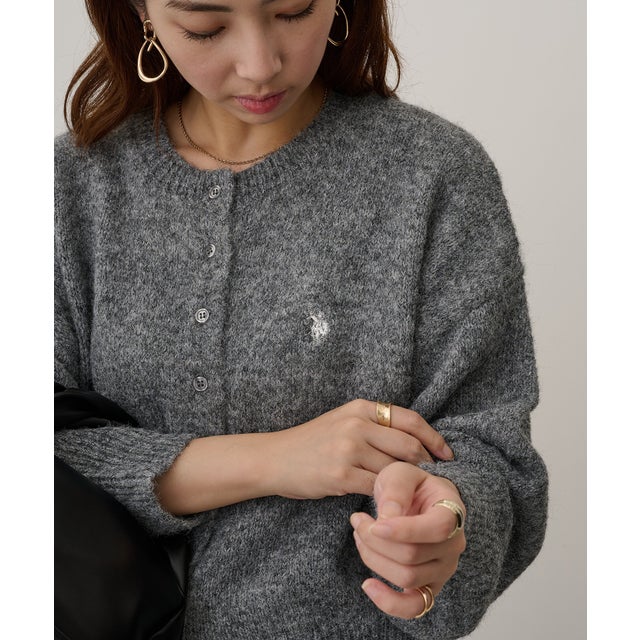 ワンポイント刺繍 クルーネック ニットカーディガン （グレー）