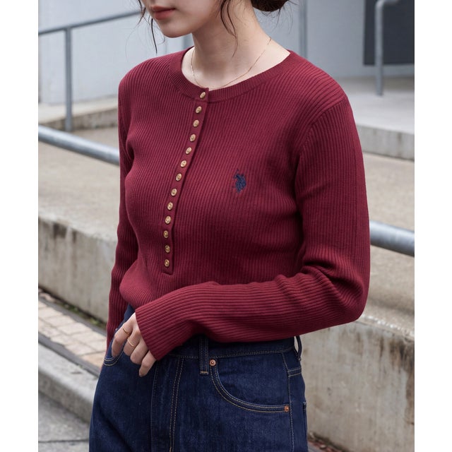 ワンポイント刺繍 フロントボタン ヘンリーネック プルオーバー （ワイン）