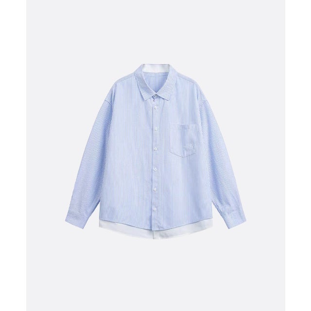 Fake Two Hem Stripe Shirt （Blue）