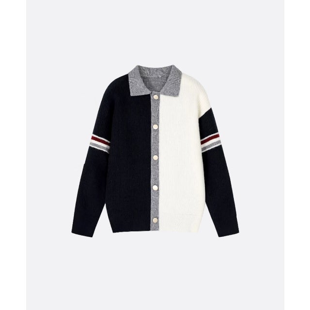 Contrast Color Lapel Cardigan （Gray）