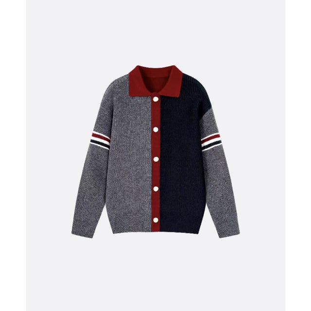 Contrast Color Lapel Cardigan （Red）