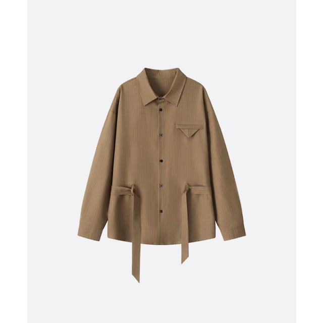 Belted Vertical Stripe Shirt （Brown）