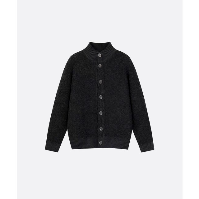 Speckled Popcorn Knit Stand Collar Cardigan （Black）