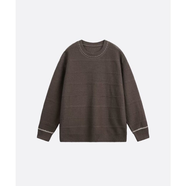 Round Collar Contrast Line Jeresy Sweater （Coffee）