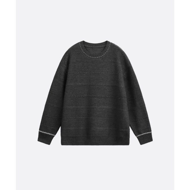 Round Collar Contrast Line Jeresy Sweater （Gray）