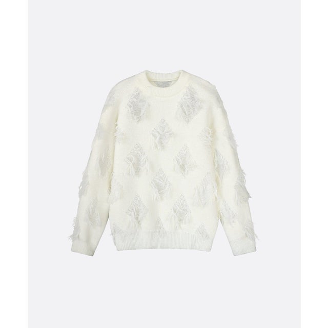 Distress Diamond Pattern Fring Sweater （White）