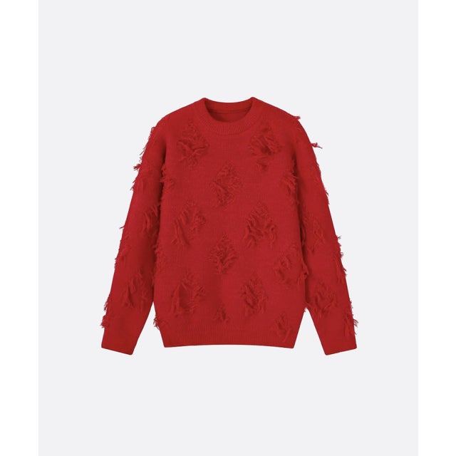 Distress Diamond Pattern Fring Sweater （Red）