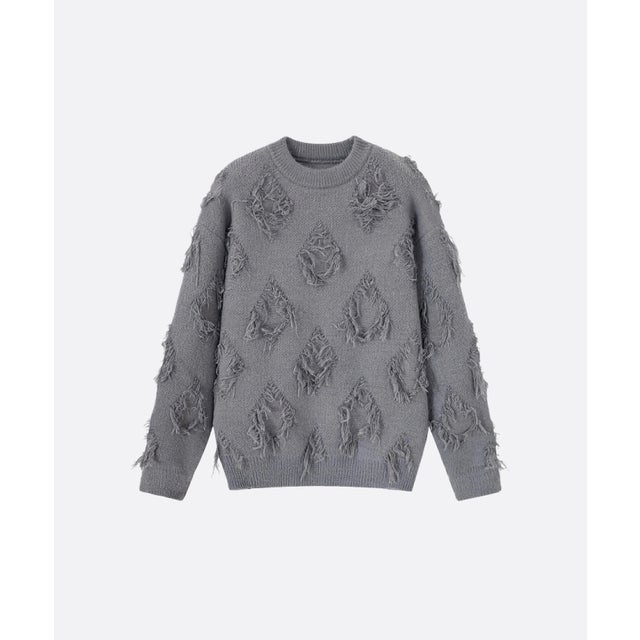 Distress Diamond Pattern Fring Sweater （Gray）