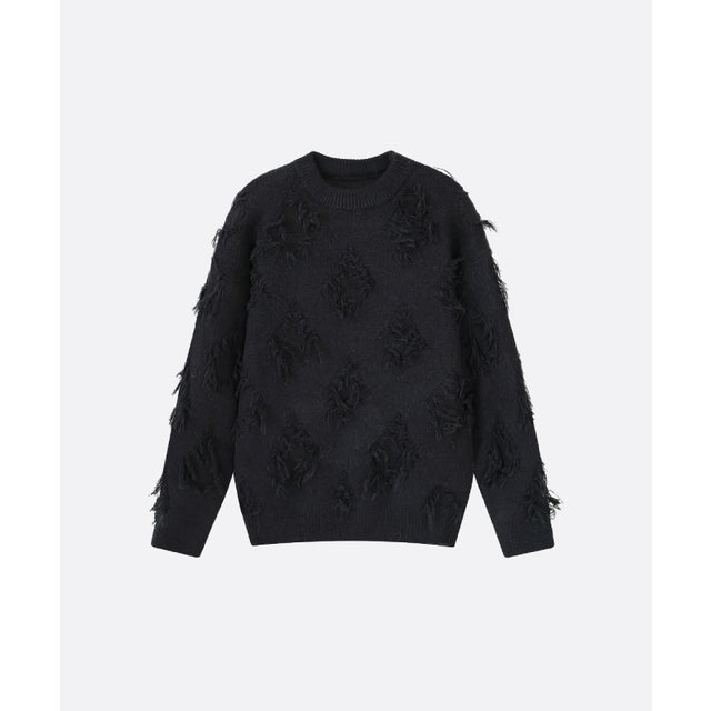 Distress Diamond Pattern Fring Sweater （Black）