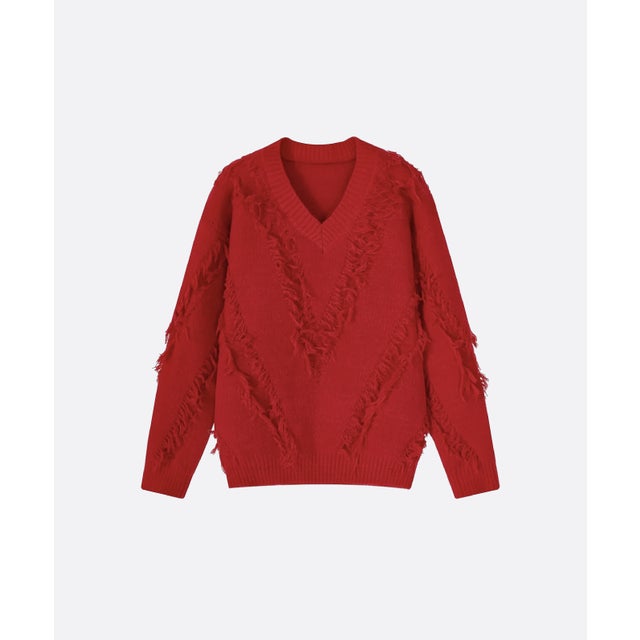 V-neck Fringe Knit （Red）