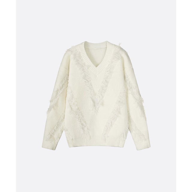 V-neck Fringe Knit （White）