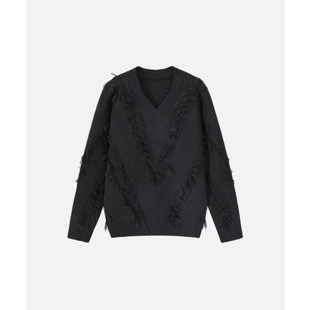 V-neck Fringe Knit （Black）