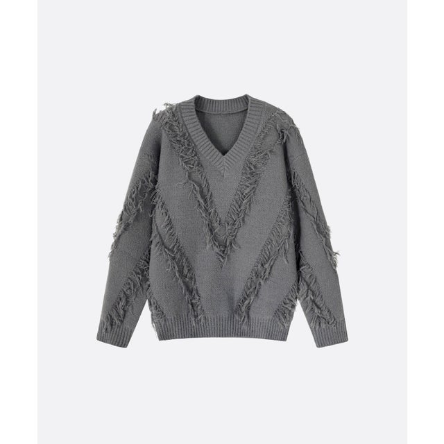 V-neck Fringe Knit （Gray）