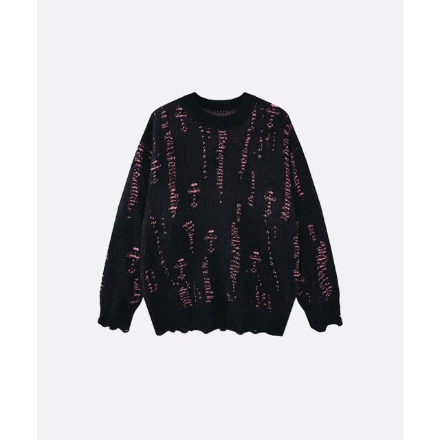 Distressed Ripped Jacquard Neck Sweater （Pink）